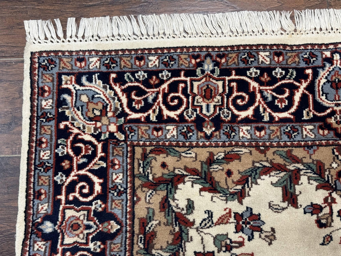 Indian Kashmiri Rug 4x6, Ivory Beige Navy Blue, Traditional Indo Persian Rug - Nuvé