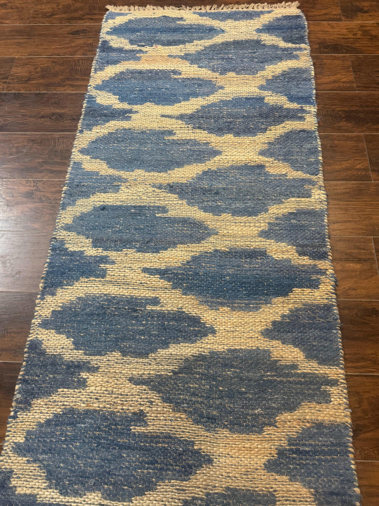 Modern Jute Runner Rug 2.9 x 7.9, Beige and Blue, Handwoven, Kaleen Rug - Nuvé