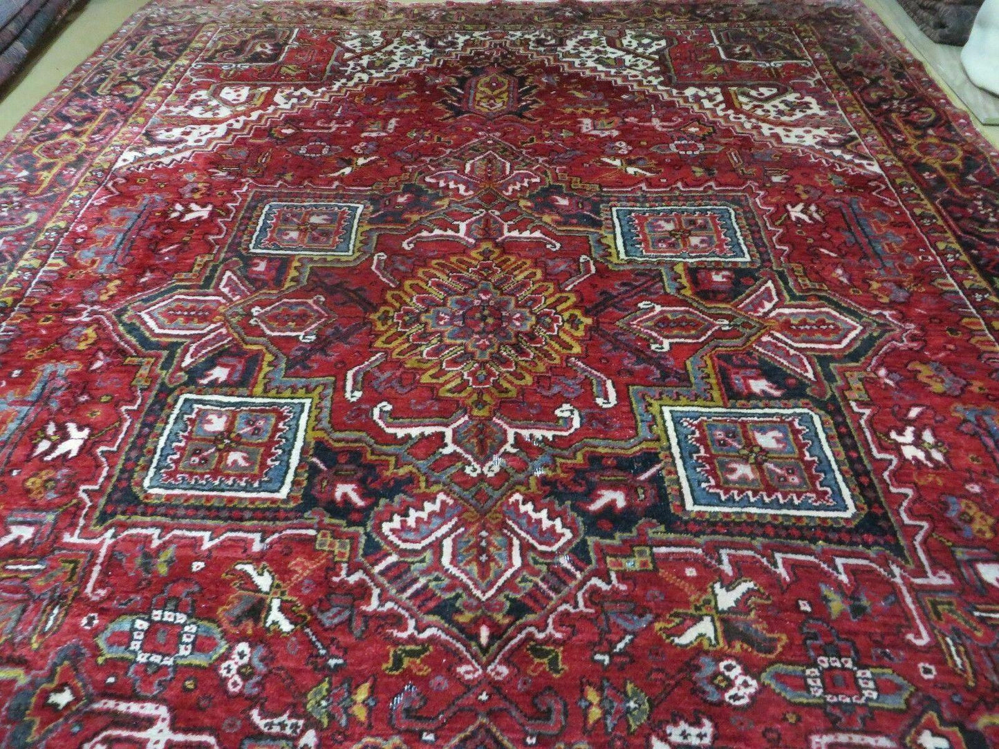 Heriz Rug 9x11, Geometric Persian Carpet Room Sized, Tribal Medallion Rug, Red Ivory Dark Blue Handmade Wool Rug for Living Room Dining Room - Nuvé