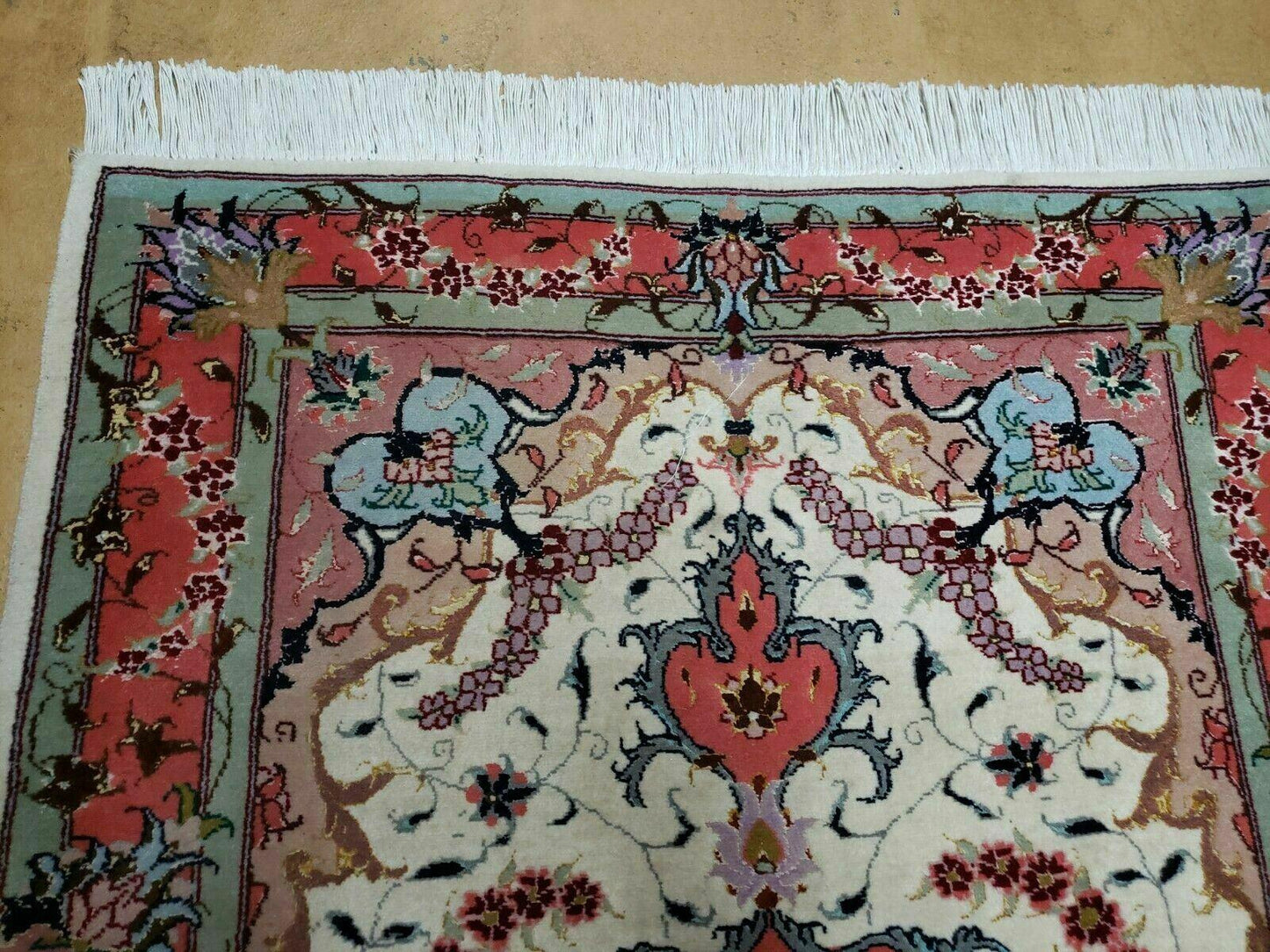 Small Vintage Persian Tabriz Wool and Silk Rug 2.5 x 4 ft, Very Finely Hand Knotted, Medallion, Ivory Salmon Light Blue, Top Quality, Pair B - Nuvé