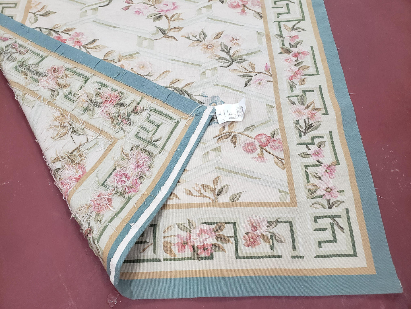 Vintage Aubusson Area Rug, Aubusson Flat weave Carpet, Floral Geometric Pattern, Beige Teal Green, 4x6 Rug, European Design - Nuvé