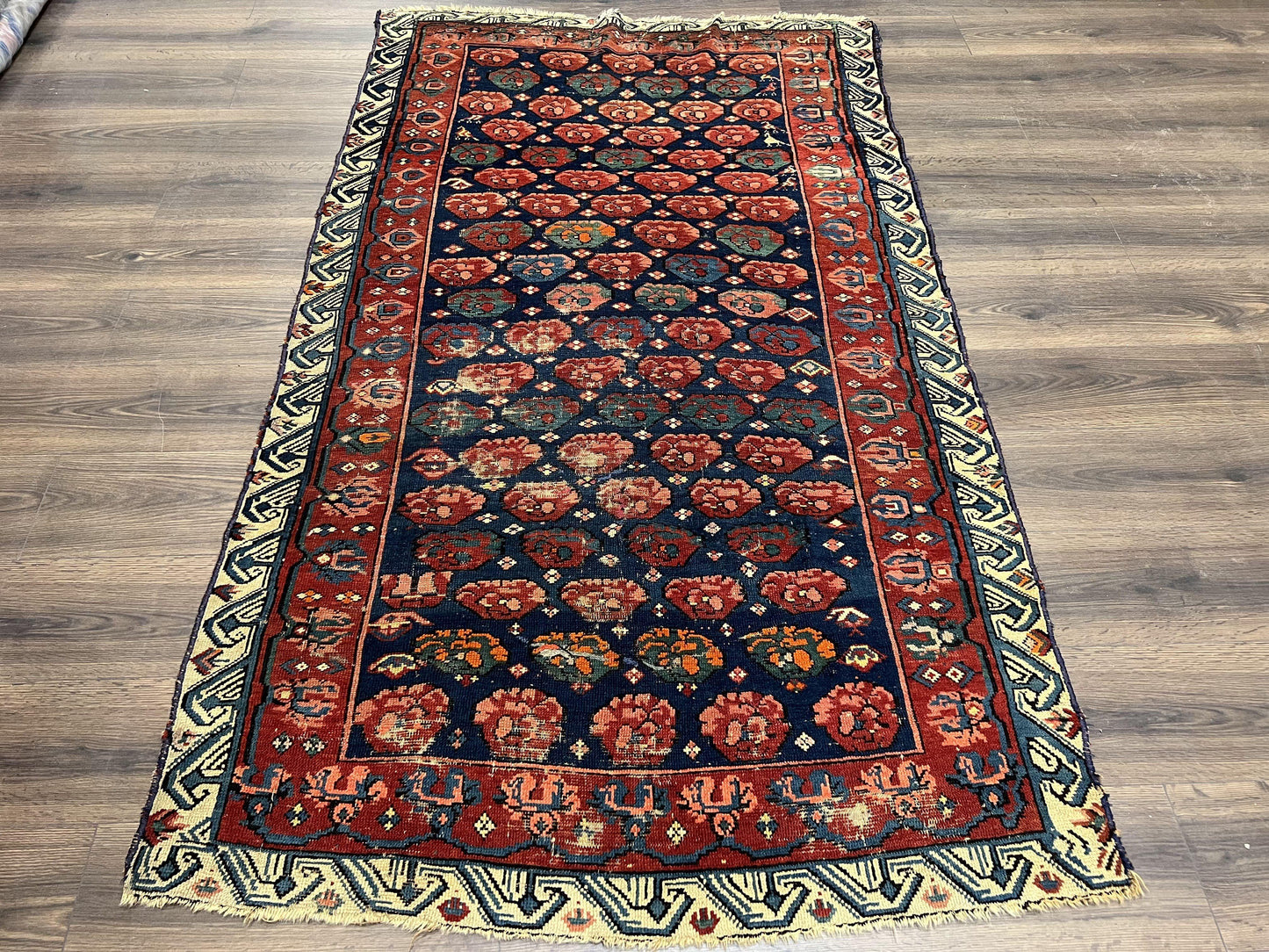 Antique Seychour Rug 4x7, Collectible Kuba Caucasian Carpet, Wool Handmade, Red Navy Blue Cream, Repeated Allover Motif, Early 20th Century - Nuvé