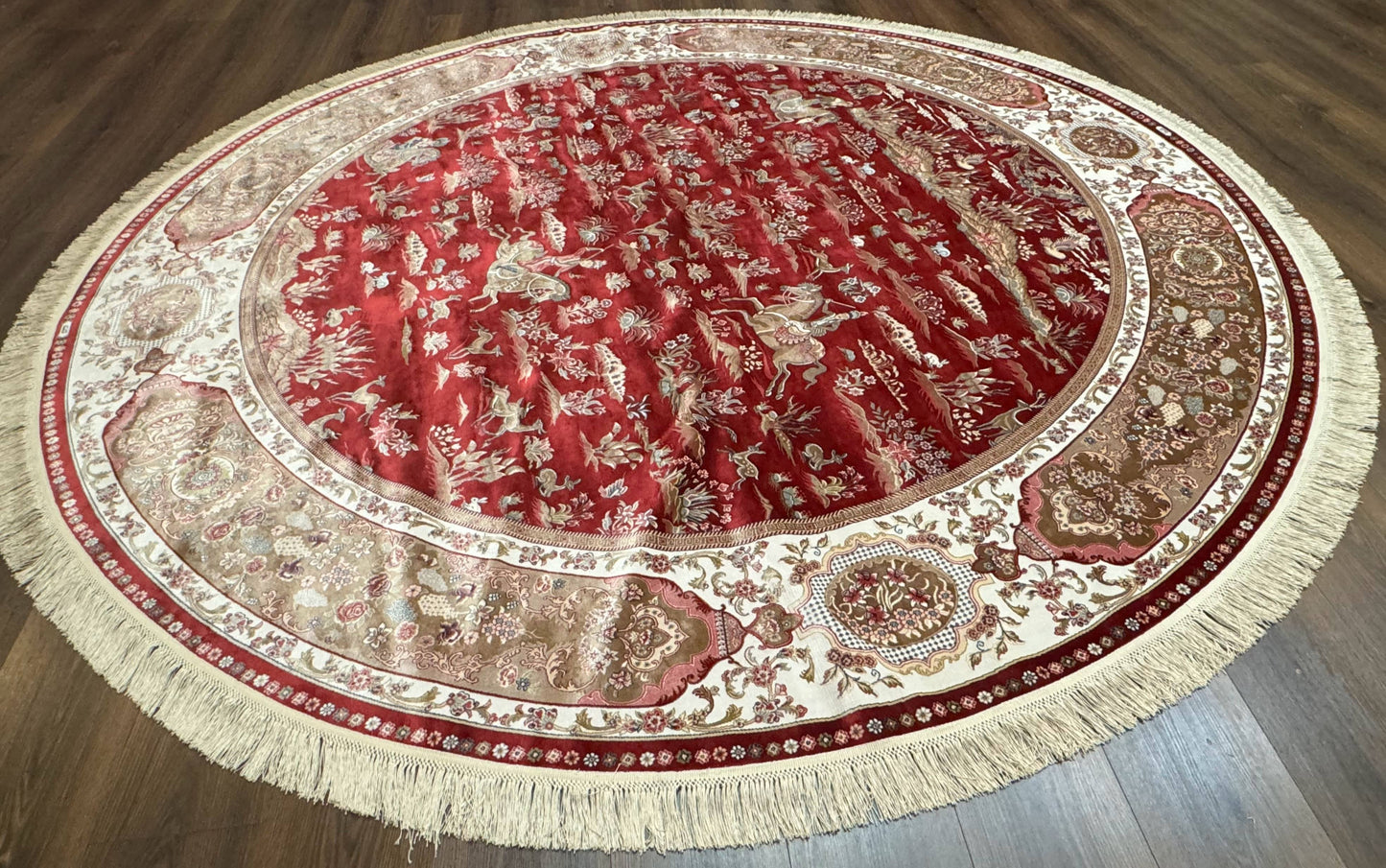 Large Round Turkish Silk Rug 8x8, Hunting Design, Dark Red & Ivory, Bamboo Silk - Nuvé