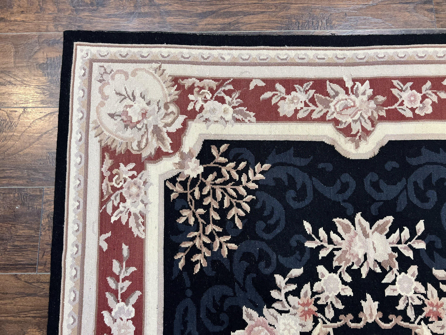 Needlepoint Rug 5x8, Wool Handmade Vintage European Design Carpet, Black & Maroon, French Aubusson Pattern Flatweave Rug - Nuvé