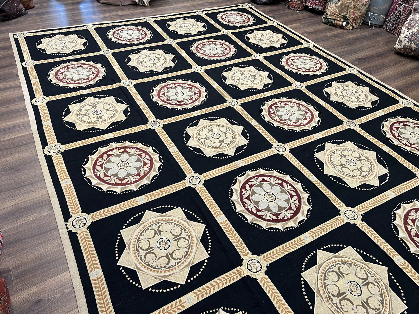 Large Needlepoint Rug 10x13, Panel Design, Black and Beige, Wool Needlepoint Carpet 10 x 13, English Garden, Handwoven Area Rug, Living Room - Nuvé