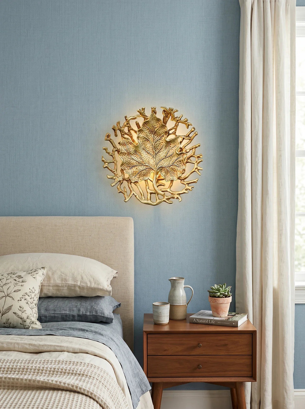 Leaf-Shaped Brass Biophilic Wall Lamp