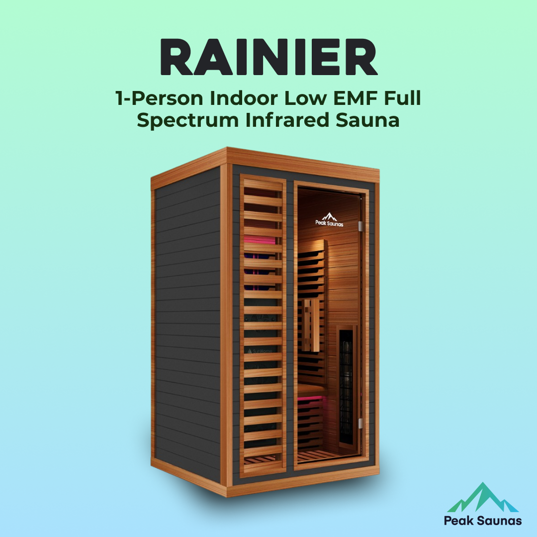 Peak Saunas Rainier 1-Person Full Spectrum Infrared Sauna with XL Medical-Grade Red Light Therapy & Smart WiFi App Control - Nuvé
