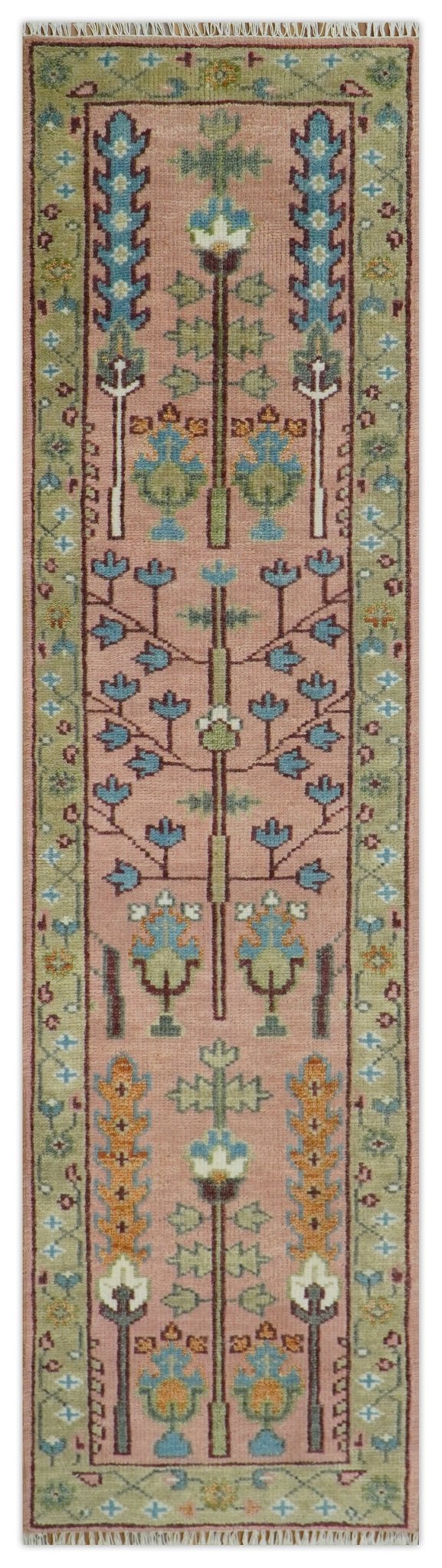 Ready to Ship Pink, Olive and Beige Traditional Vintage Style Tree Wool Rug - Nuvé