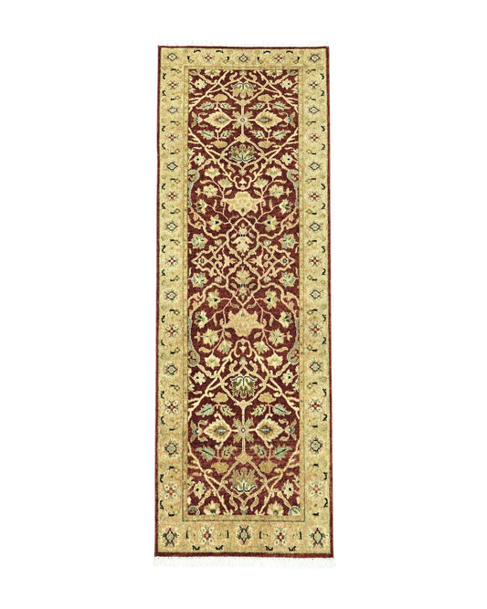 Pakistani Chobi Runner Rug 2.6 x 8, Pak Persian Oriental Rug for Hallway, Maroon Tan-Gold, Handmade Wool 8ft Runner for Hallway, Vintage Rug