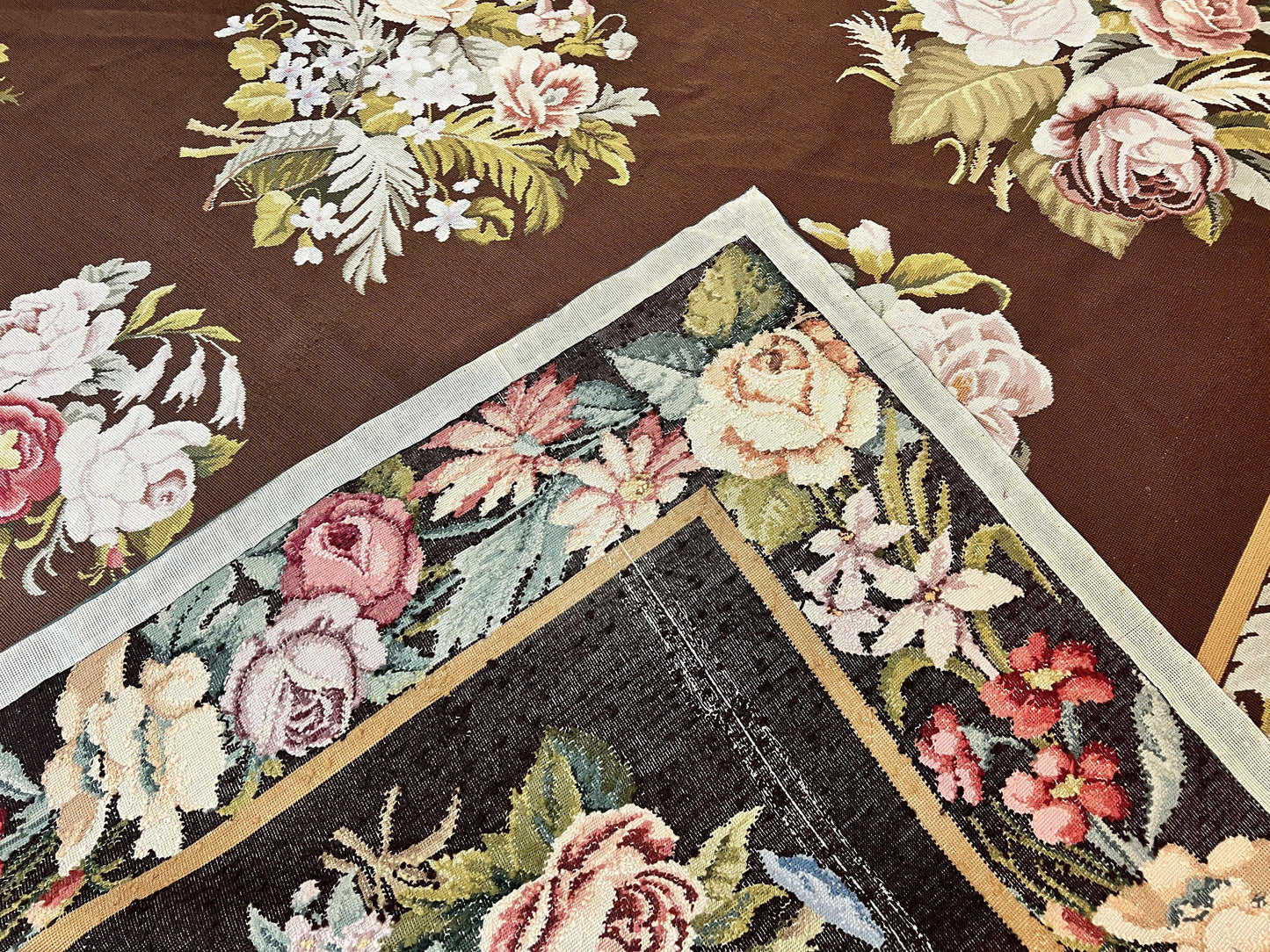 Vintage Needlepoint Rug 9x12, Large Handmade Hand-woven Needlepoint Carpet, Brown Area Rug, Floral Bouquets, Wool Rug, European Design - Nuvé