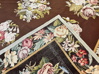 Vintage Needlepoint Rug 9x12, Large Handmade Hand-woven Needlepoint Carpet, Brown Area Rug, Floral Bouquets, Wool Rug, European Design - Nuvé