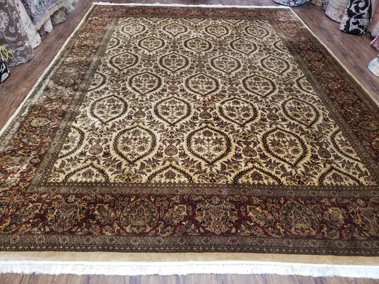 Vintage Indo Persian Area Rug 9x12, Wool Hand-Knotted Ivory & Dark Red Oriental Carpet, Fine Weave 9 x 12 Indian Rug, Dining Room Rug - Nuvé