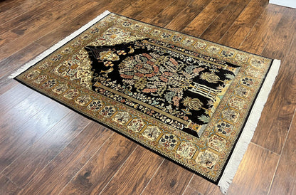 Wonderful Sino Persian Silk Rug 4x6, Tree of LIfe Design, Masterpiece 575 KPSI, Birds, Prayer Rug, Black, Silk on Silk - Nuvé