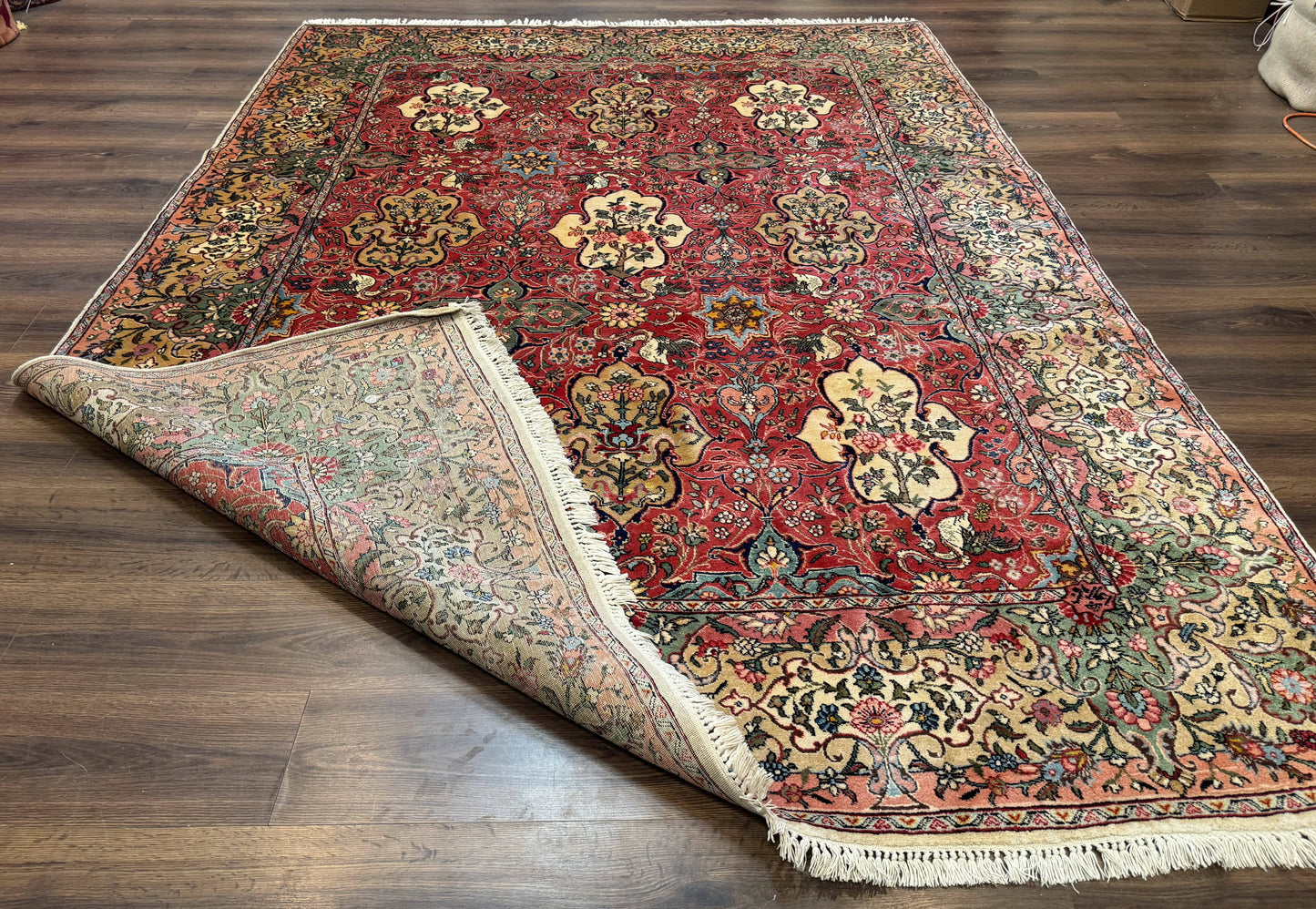 Antique Tabriz Persian Rug 7x10, Red Cream Tan, Unique Design, Fine 270 KPSI, Birds, Floral - Nuvé