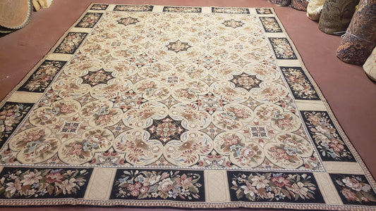 Needlepoint Rug 8x10ft Allover European Design Flowers 100% Wool Hand Knotted Aubusson Area Rug Brand New Flatweave Needle Point Carpet Chic - Nuvé