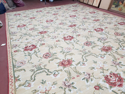 Needlepoint Rug 10x14 Wool Flatweave Carpet, English Floral Pattern, Pale Yellow, Roses, Allover Pattern, Handmade Large Needlepoint Nice - Nuvé