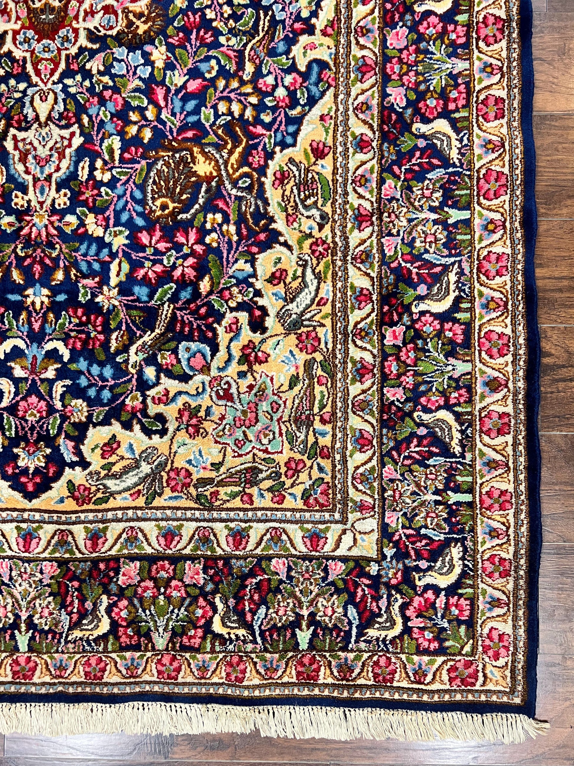 Persian Kirman Rug 6x9, Floral Medallion Vintage Wool Handmade Carpet 6 x 9, Animal Pictorials Birds, Semi Antique, Navy Blue, Millefleur - Nuvé