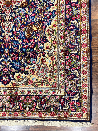 Persian Kirman Rug 6x9, Floral Medallion Vintage Wool Handmade Carpet 6 x 9, Animal Pictorials Birds, Semi Antique, Navy Blue, Millefleur - Nuvé
