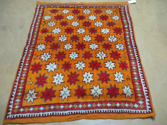 Vintage Moroccan Rug 4x5, Orange Ivory Red, Geometric Stars, Repeated Motif Allover, Hand Knotted Soft Wool Area Rug, Tribal Oriental Carpet - Nuvé