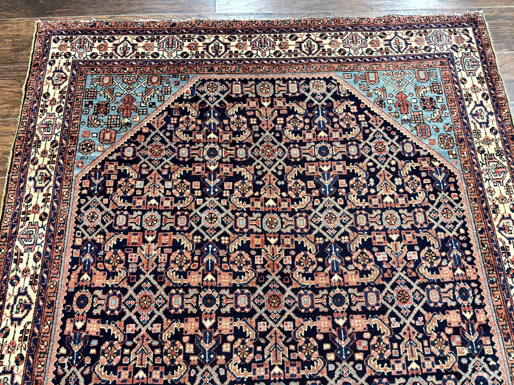 Antique Persian Rug 5 x 6.7, Navy Blue & Ivory, Handmade Persian Wool Carpet, Hamadan Angelas Rug - Nuvé