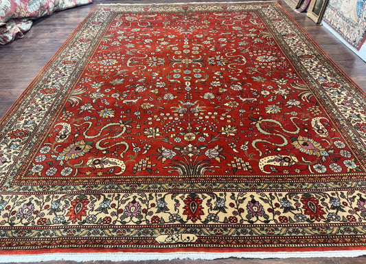 Romanian Rug 10x13, Vintage Handmade Wool Carpet, Floral Pattern, Birds, Red and Cream, Signed By Masterweaver, Persian Rug - Nuvé