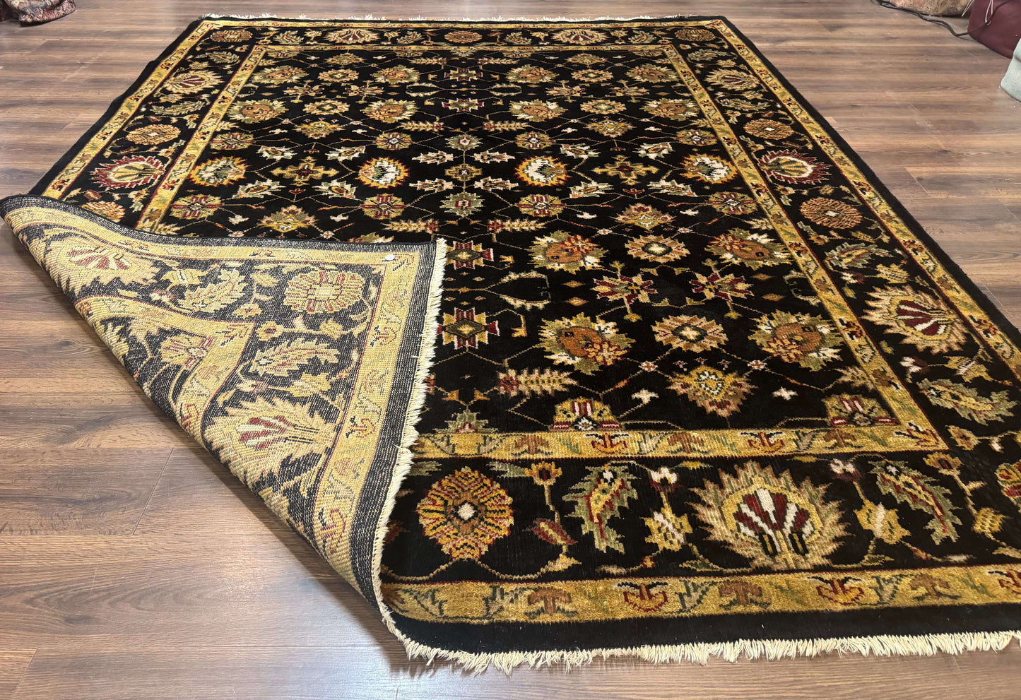 Indo Persian Mahal Rug 8x10, Black and Gold, Wool Hand Knotted Oriental Carpet - Nuvé
