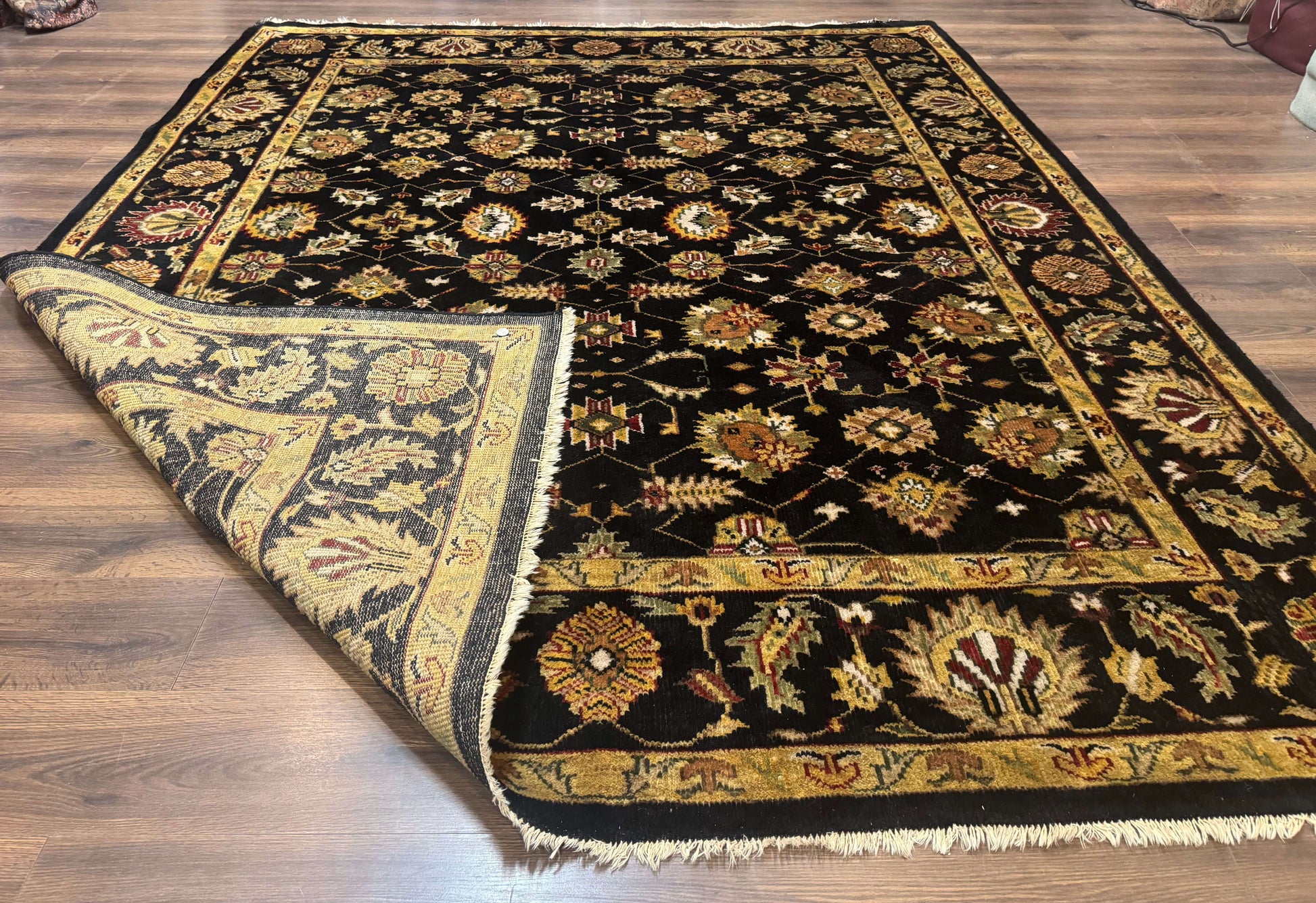 Indo Persian Mahal Rug 8x10, Black and Gold, Wool Hand Knotted Oriental Carpet - Nuvé
