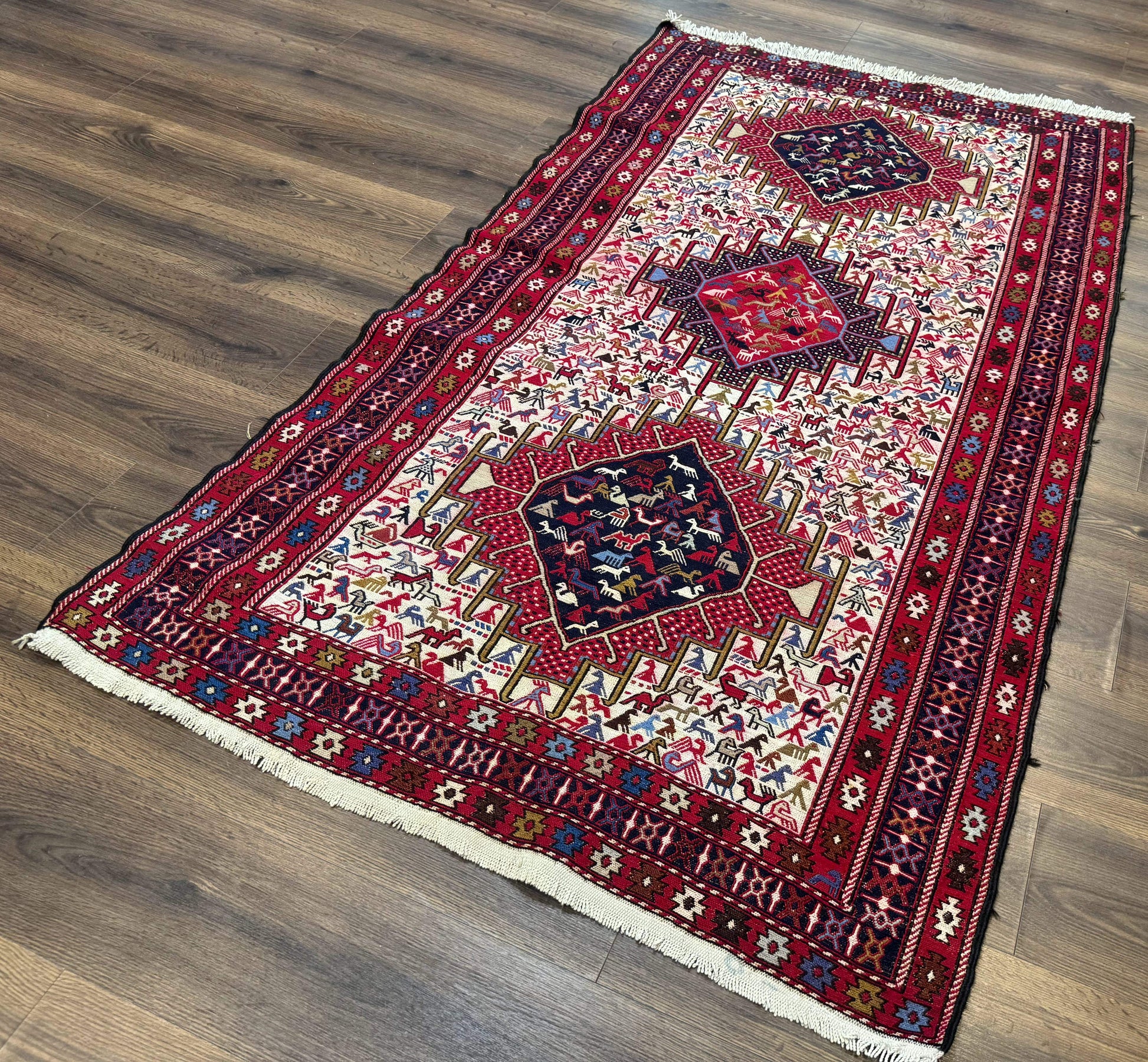 Persian Soumak Kilim Rug 4x6, Triple Medallions Tribal Pictorials, Caucasian Azerbaijani Kilim - Nuvé