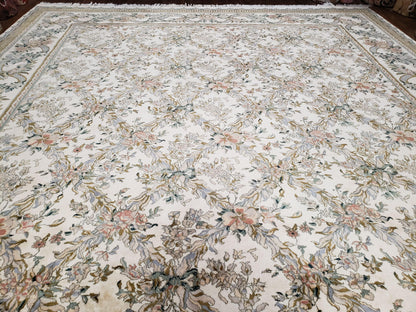 Pak Persian Floral Rug 11 x 12.6, Ivory, Very Fine, Hand Knotted - Nuvé