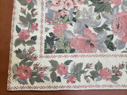 5x8 Needlepoint Rug 5' 4" x 8' 3" Wool Flat Weave Floral New Unused Carpet English Design Ivory Large Pink Flowers Green Leaves Hand-Knotted