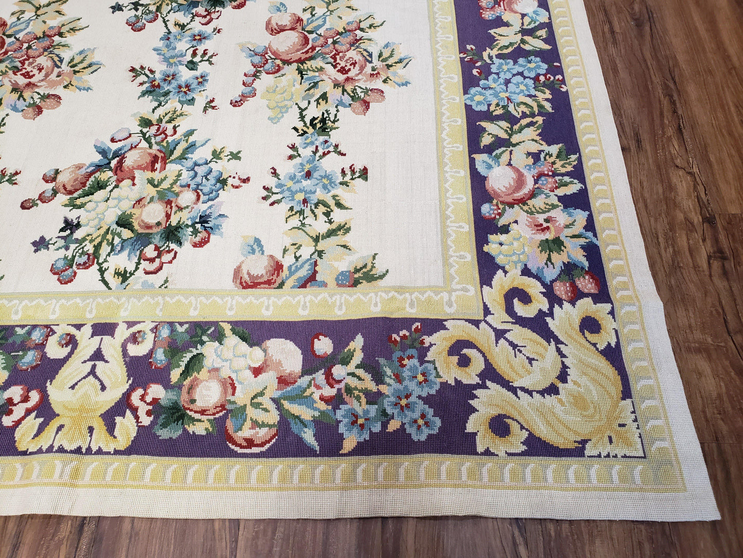 Vintage Chinese Floral Needlepoint Area Rug 6x9, Wool Hand-Woven Handmade Flatweave Rug, Ivory & Purple, Fruits Grapes Apples, Dining Room - Nuvé