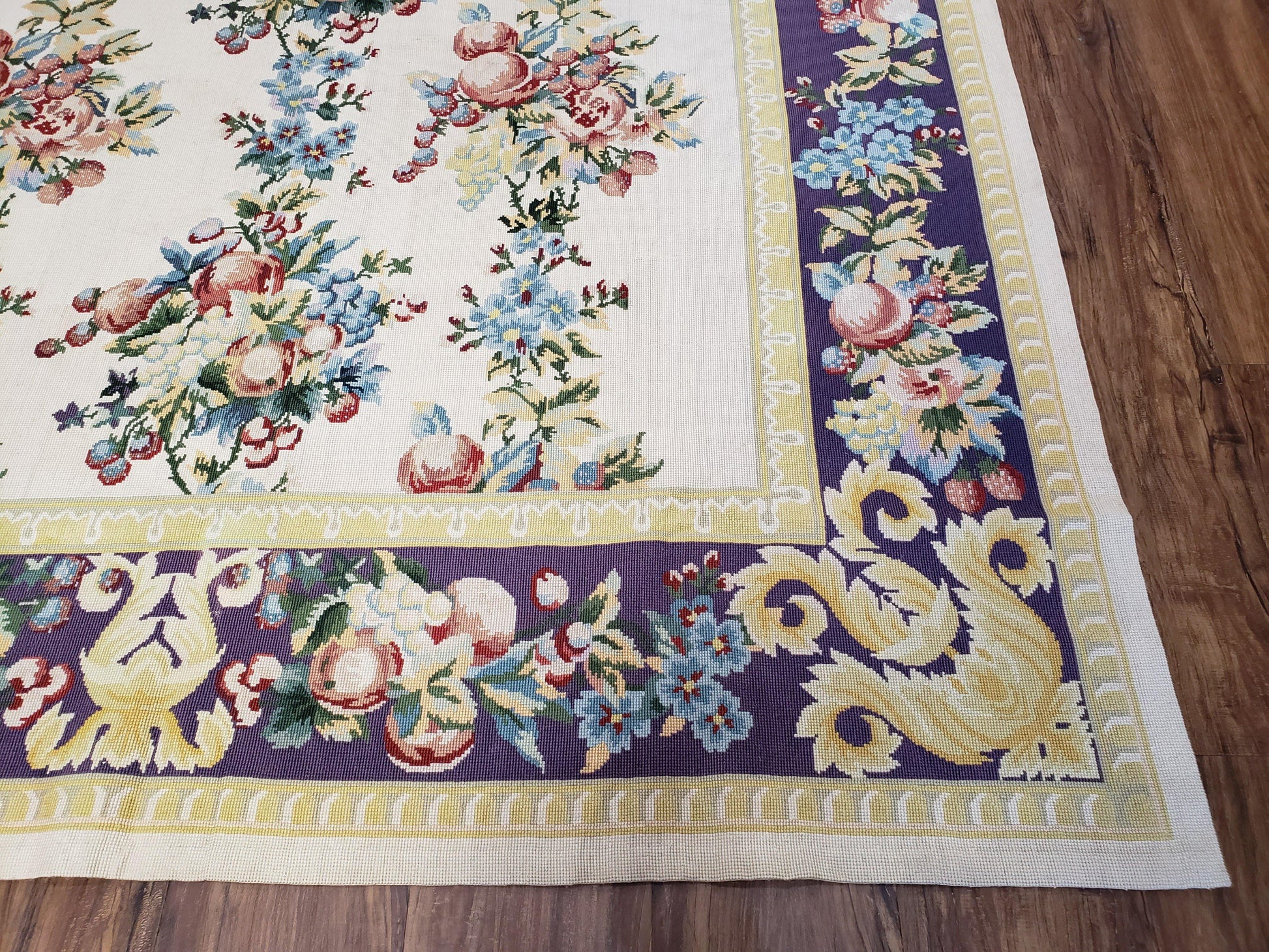 Vintage Chinese Floral Needlepoint Area Rug 6x9, Wool Hand-Woven Handmade Flatweave Rug, Ivory & Purple, Fruits Grapes Apples, Dining Room - Nuvé