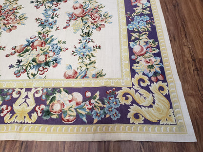 Vintage Chinese Floral Needlepoint Area Rug 6x9, Wool Hand-Woven Handmade Flatweave Rug, Ivory & Purple, Fruits Grapes Apples, Dining Room - Nuvé