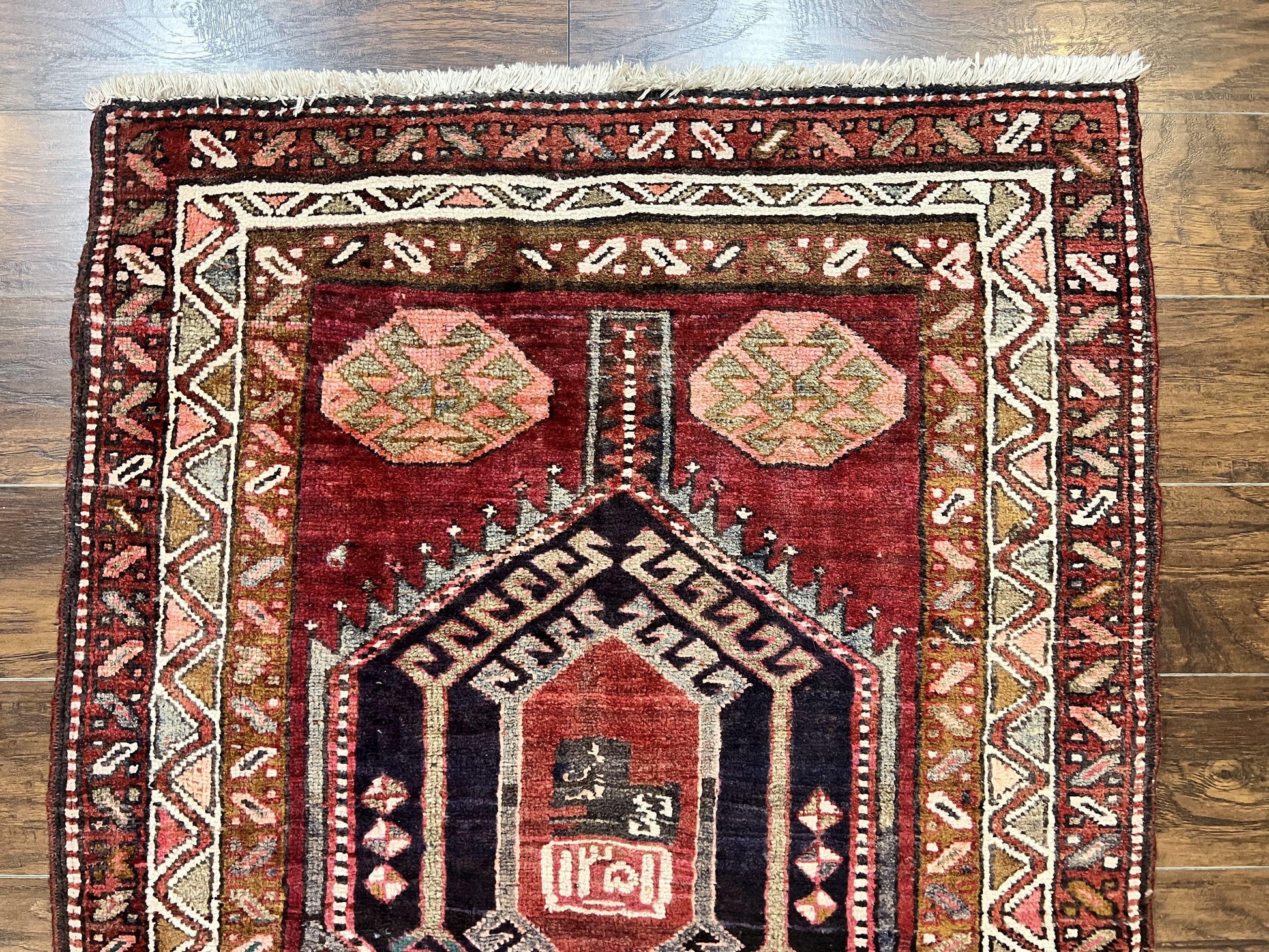 Persian Heriz Runner Rug 3.8 x 8.6, Geometric Design, Large Triple Medallions, Hand Knotted Handmade Vintage Wool Hallway Rug, Red - Nuvé