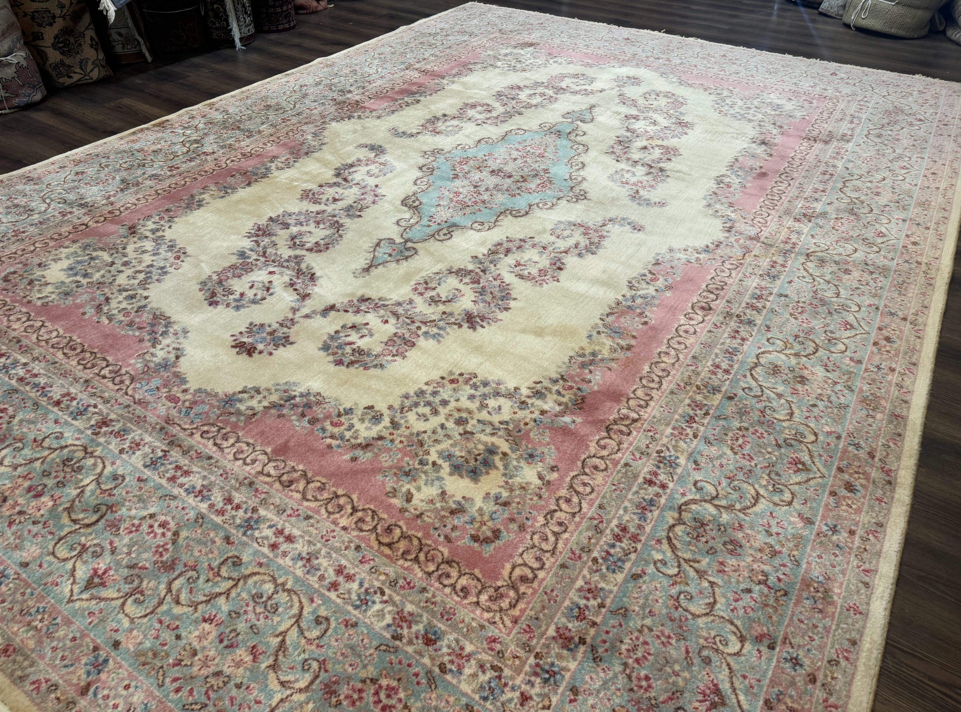 10x14 Karastan Kirman Rug #784 Pastel Ivory Kirman Medallion, Wool Antique Original 700 Series - Nuvé