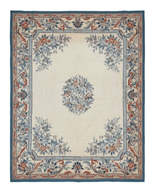 Ivory Needlepoint Rug 8x10, Wool Handmade Carpet