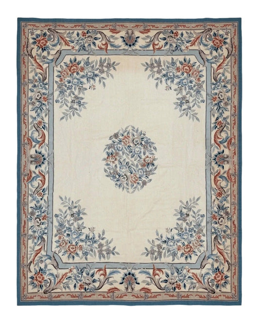 Ivory Needlepoint Rug 8x10, Wool Handmade Carpet
