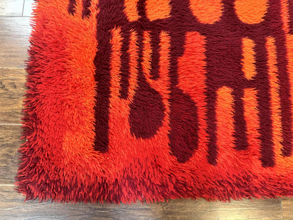 Danish Rya Shag Rug 4x6, Red Vintage Mid Century Retro Abstract Shag Rug - Nuvé