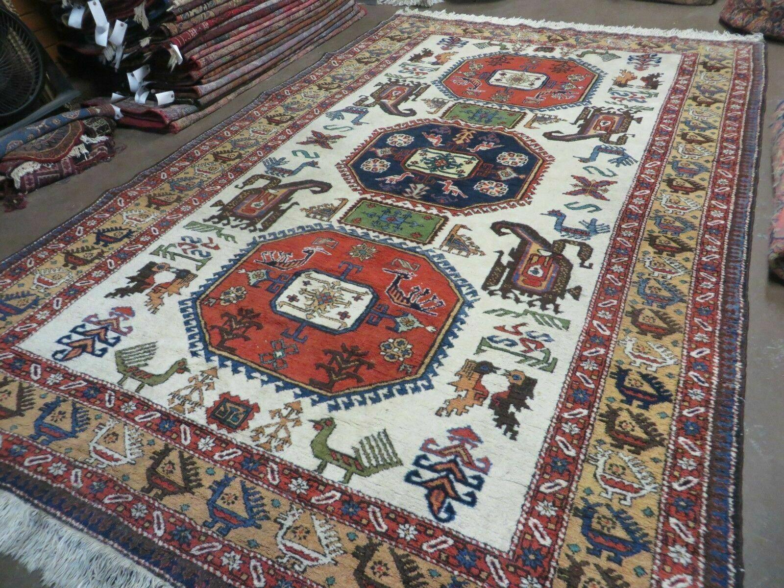 7' X 10' Vintage Handmade Knotted Turkish Wool Rug Birds Animal Ivory Organic - Nuvé