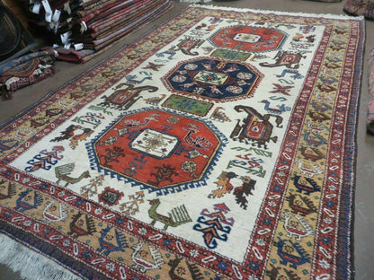 7' X 10' Vintage Handmade Knotted Turkish Wool Rug Birds Animal Ivory Organic - Nuvé