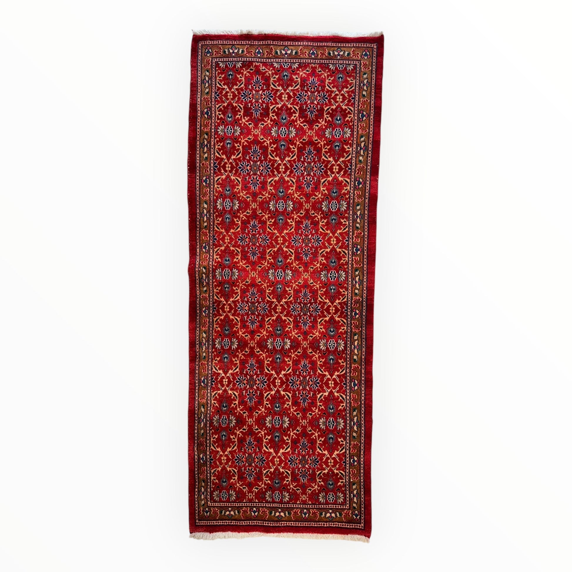 Vintage Mashhad Wool Runner – 3’3” x 8’4” – 1970s, Rich Red with Blue & Beige Accents - Nuvé
