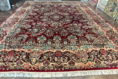 Persian Sarouk Rug 12x17, Wool Hand Knotted Antique Carpet, Dark Red, Traditional Floral Oriental Rug, 12 x 17 Extra Large Handmade Rug - Nuvé