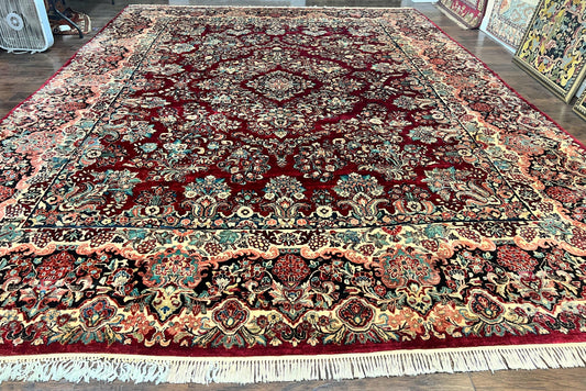 Persian Sarouk Rug 12x17, Wool Hand Knotted Antique Carpet, Dark Red, Traditional Floral Oriental Rug, 12 x 17 Extra Large Handmade Rug - Nuvé