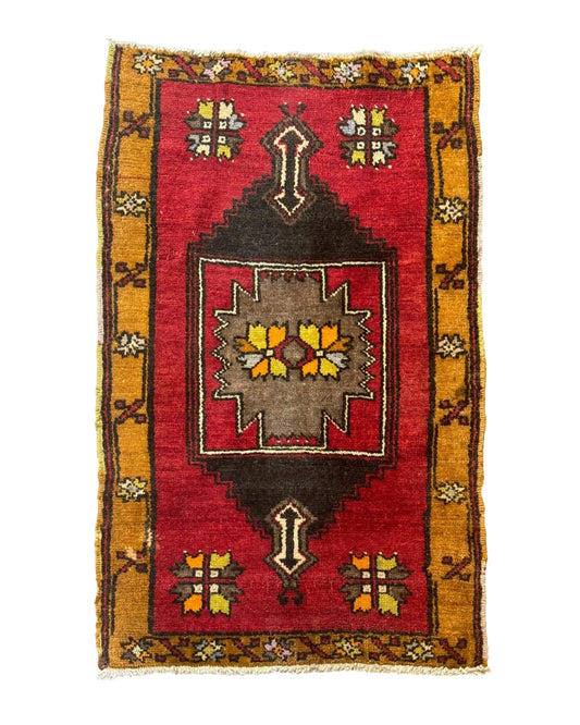 Turkish Yastik Rug 2x3, Geometric Medallion, Small Turkish Wool Rug, Red