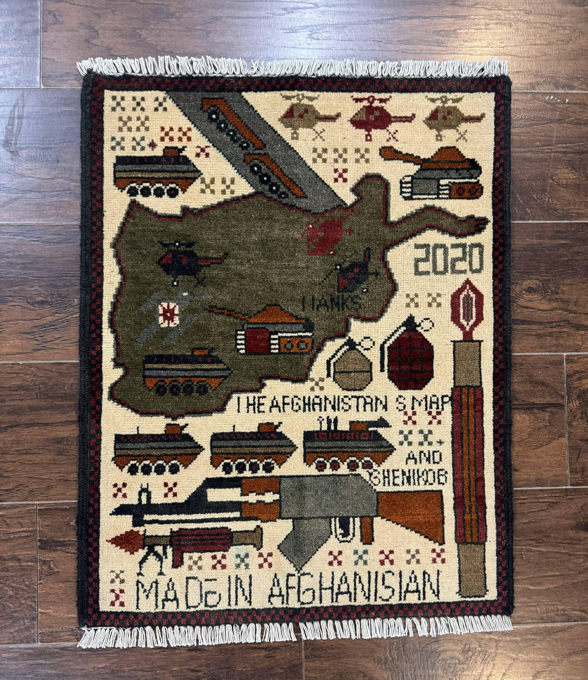 Afghan War Rug, Tanks Helicopters Guns