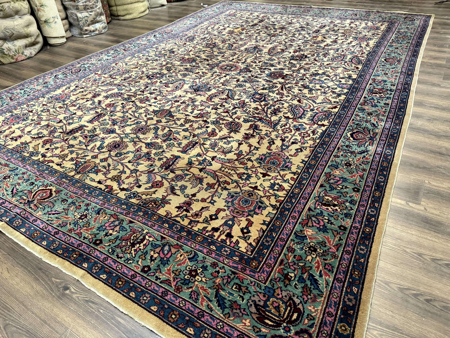 Antique Persian Rug 10x15, Camel and Cyan, Allover Pattern, Rare, Samarkand Rug - Nuvé