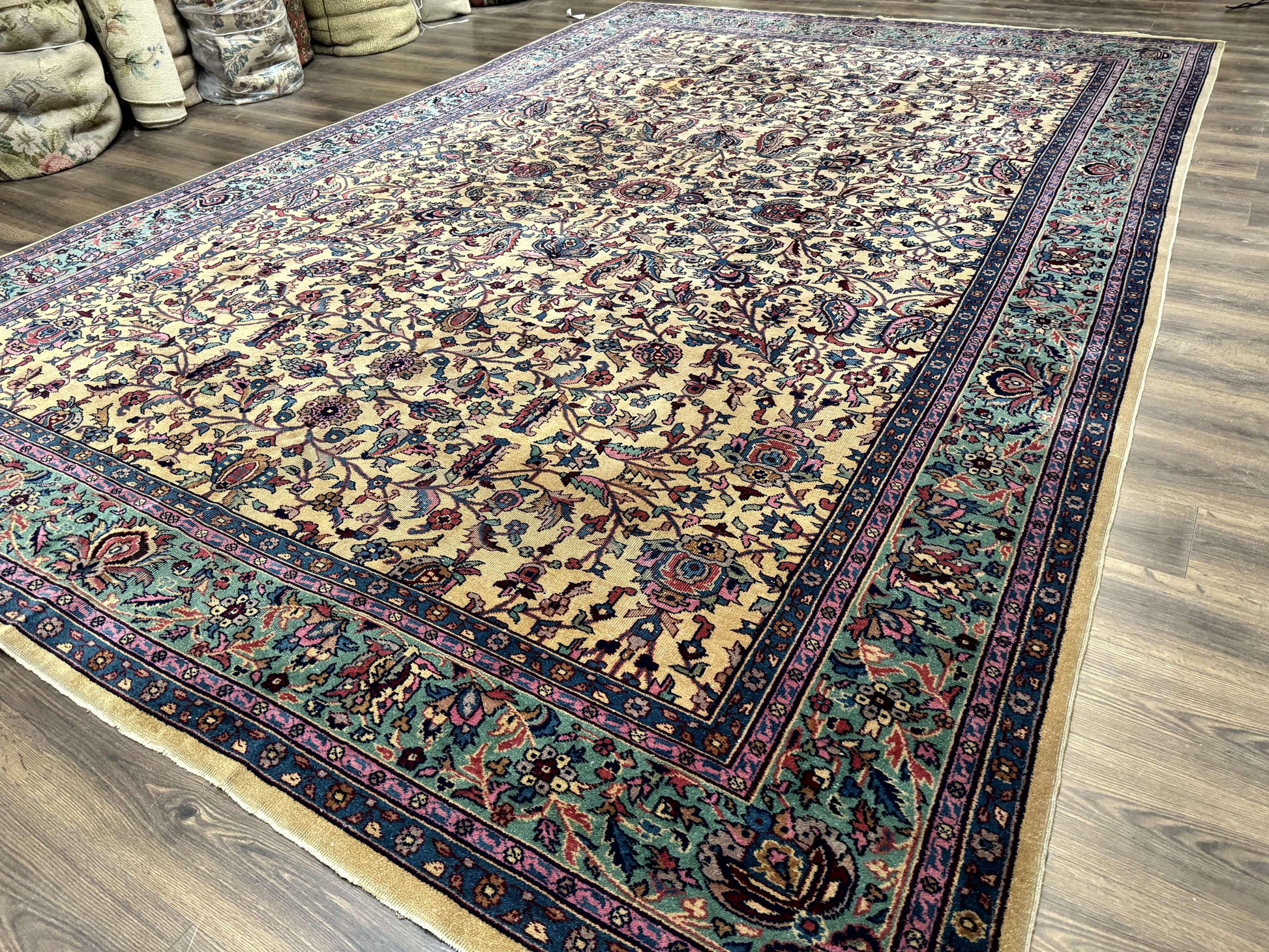 Antique Persian Rug 10x15, Camel and Cyan, Allover Pattern, Rare, Samarkand Rug - Nuvé