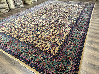 Antique Persian Rug 10x15, Camel and Cyan, Allover Pattern, Rare, Samarkand Rug - Nuvé