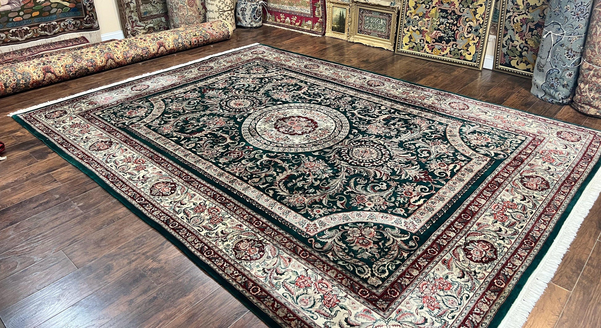 Pak Persian Rug 9x12, Dark Green and Cream, Floral Medallion, Elegant Handmade Wool Carpet 9 x 12 - Nuvé