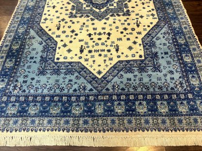 Moroccan Rug 7x10, Geometric Medallion, Blue and Ivory - Nuvé